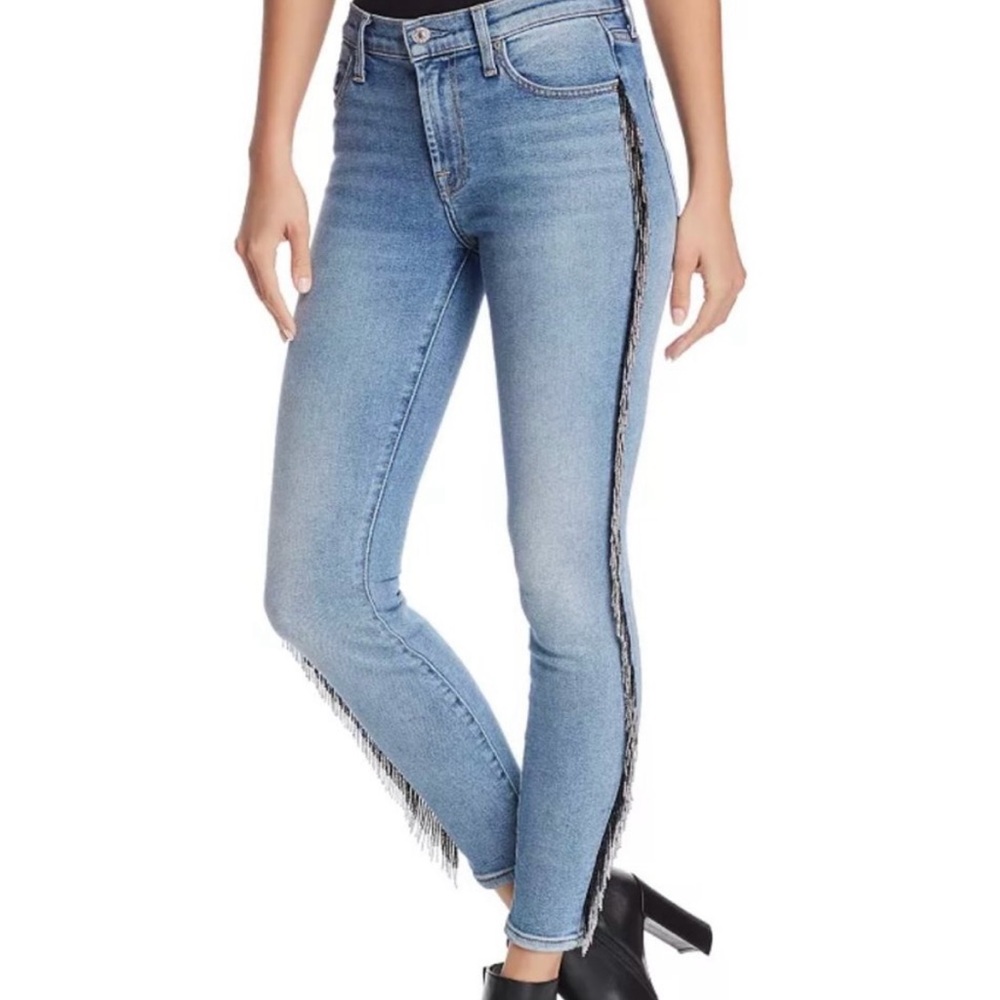 7 For All Mankind Luxe Skinny Ankle Bead Fringe Blue Denim